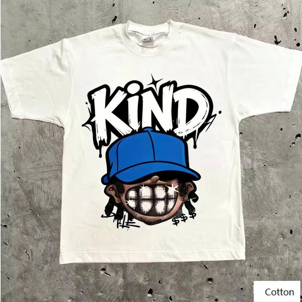 Oversized White Cotton TShirt with Bold Cartoon HipHop Character Graphic Unisex Streetwear Tee for Unisex and Women