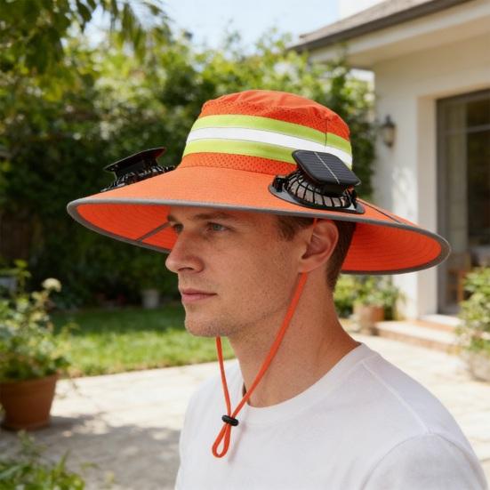 Sonnenhut mit zwei Solarlüftern Hochglänzende Reflektorstreifen Sicherheitswarnung Überdimensionierter Schirm Vollgesichts-UV-Schutz Eimerhut