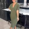 Sommerkleid für Damen, V-Ausschnitt, Baggy, einfarbig, locker, dünn, kurze Ärmel, schnelltrocknend, A-Linie, wadenlang, lässig, für den Alltag