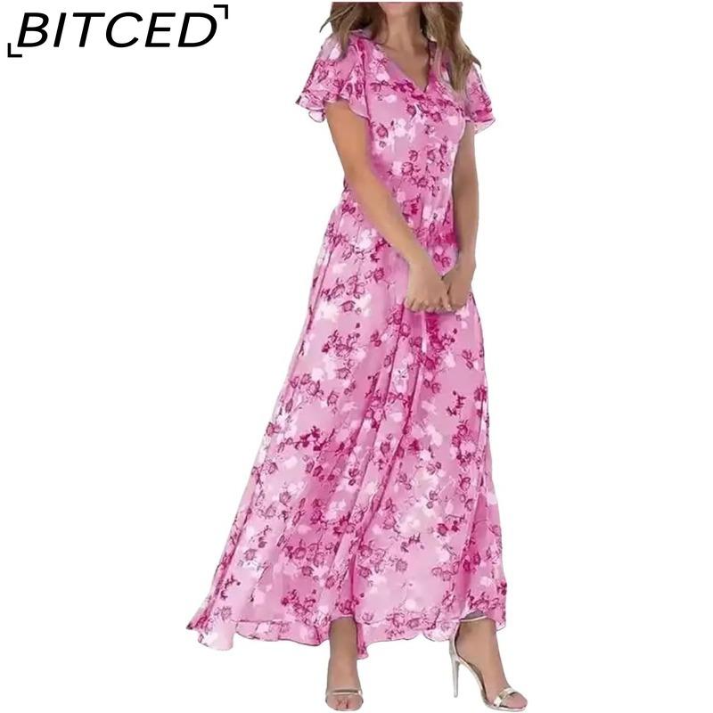 BITCED 6 Color V-neck Ruffle Maxi Dress Short Sleeves Fitted Waist High Waist Flowy Hem Cute Floral Chiffon Dress Women Clothing