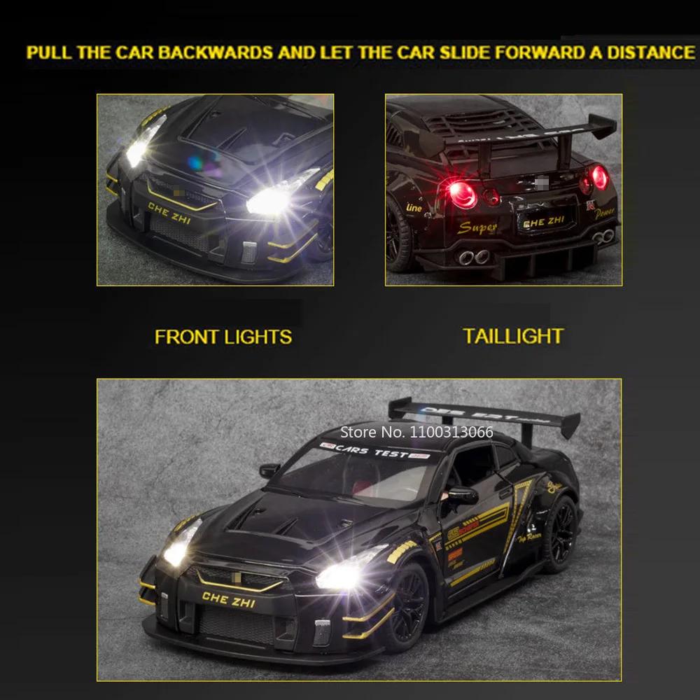 1:24 Alloy GTR Cars Models Diecasting Toys Light Music Miniature Vehicles Wheel Pull Back Sports Car for Kids Decoration Gifts