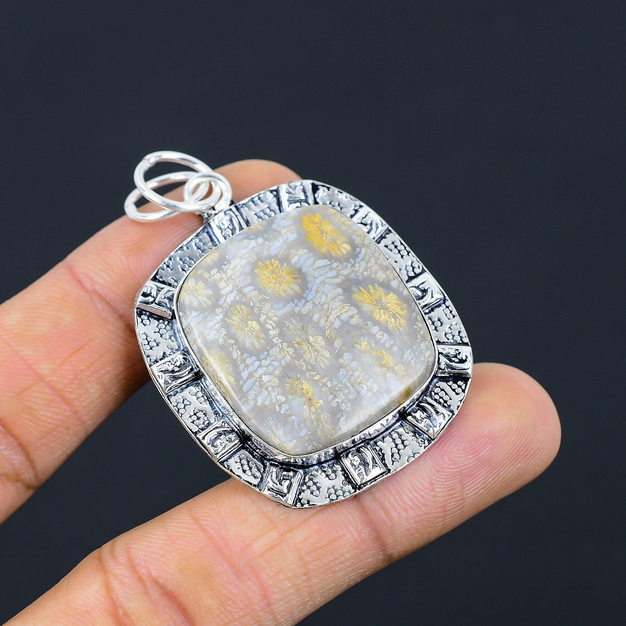 

Womens day Deal Sterling Silver Fossil Coral Stone Root Chakra Birthday Pendant