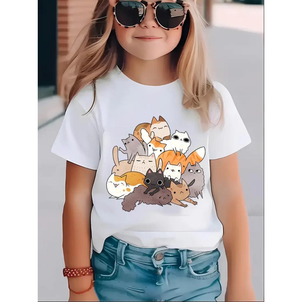 Одежда для девочки 3D принт кошки Детская одежда Футболки с коротким рукавом для детей Топы Футболки Круглый вырез Повседневная 2025 Детская одежда 110