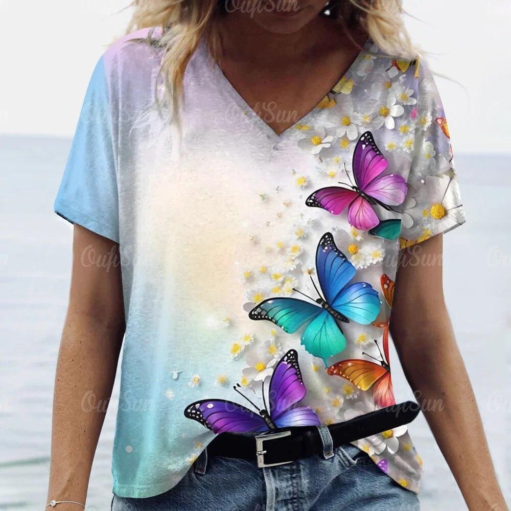 Colorful Love Butterfly Pattern 3D Printed Women's Casual V-neck Short Sleeved T-shirt