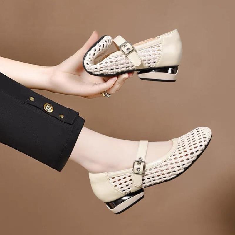 Beautiful woven hollow women's single shoes summer thick heel soft sole flat sole single shoes