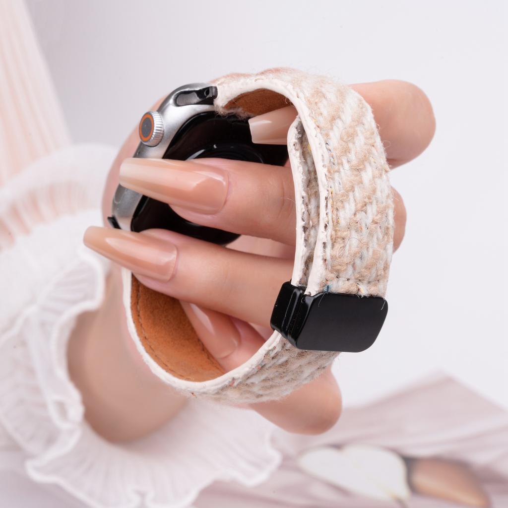 Genuine Cow Leather+Wool Watch Band for Apple Watch Ultra 3 2 1 49mm/Series 11 10 46mm/9 8 7 45mm/SE3 SE2 SE 6 5 4 44mm/3 2 1 42mm Wrist Strap