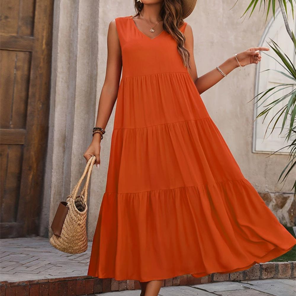 Women's Fashion Summer Spring Dress Loose Sleeveless V-Neck Dress Casual Dresses Soild Color Long Dress