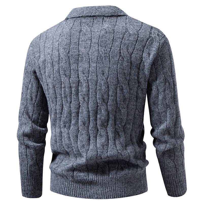 Cross2025 Men's Autumn/Winter Cable Knit Polo Sweater: Trendy European Twist with Lapel and Long Sleeves