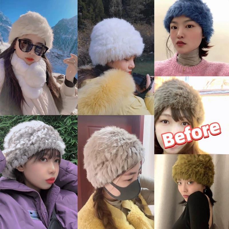 Rabbit Fur Hat Female Chuanxi White Fur Hat Fur Cold and Warm Plush Knitted Hat Cute Headgear Autumn and Winter