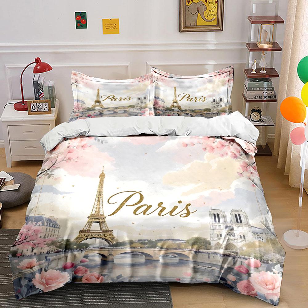 Romantic Paris Eiffel Tower Scenery Duvet Cover Set With 3D Printing Design Soft Polyester Bedding Set All-Season Comfort