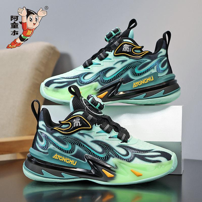 Astro Boy leather surface new vitality wear-resistant flame children's button sneakers soft basketball shoes running shoes