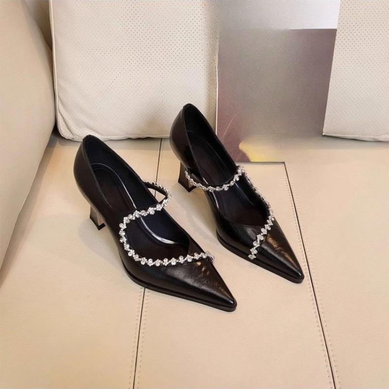 

Fashion Rhinestone Strap Slim Heel Single Shoes Women s Fashion Pointed Toe Shallow Mouth Slip Foot Non-Slip High Heels 35 чёрный