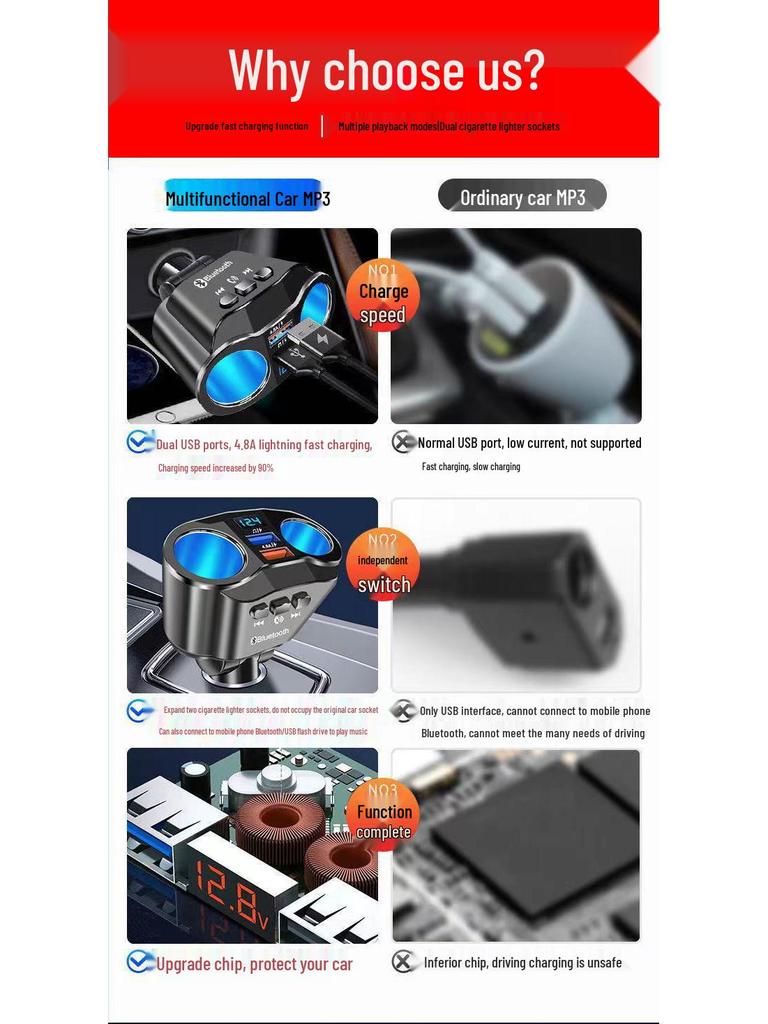 MP3 Bluetooth USB Player with Rotating Dual Cigarette Lighter & 66W Fast Car Charger