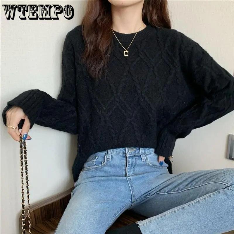 WTEMPO Weißer gestrickter Fried Dough Twist Damenpullover, lockerer Strickpullover, schlichter, lässiger Pendelpullover, süßes Langarmshirt