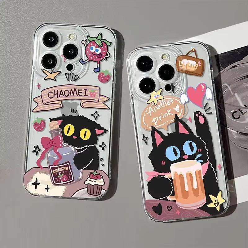 Cute Black Cat Strawberry Drink Clear Phone Case for iPhone 17 16 15 14 13 12 11 16E Series Pro Max Plus Double Layer Protection