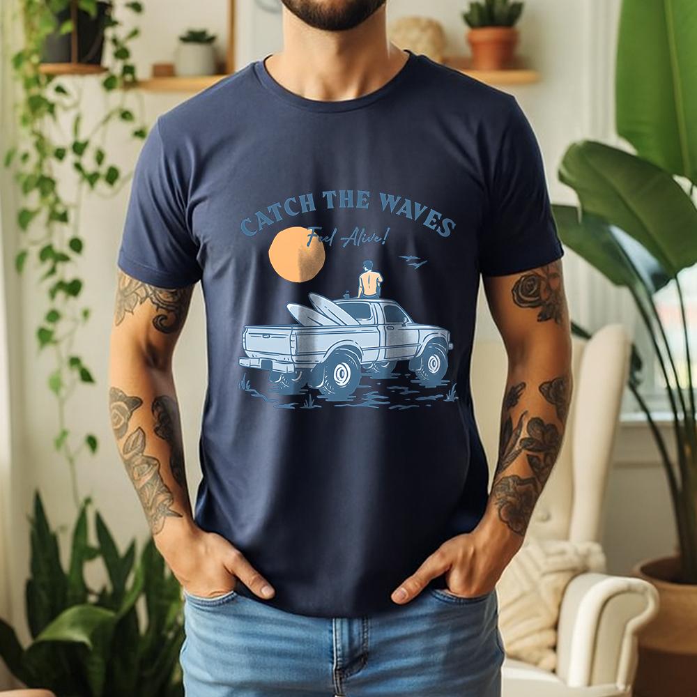 2026 Summer 100 Cotton Catch The Waves Graphic Oversized Tee Surf Pickup Summer Casual Themed Short Sleeve
