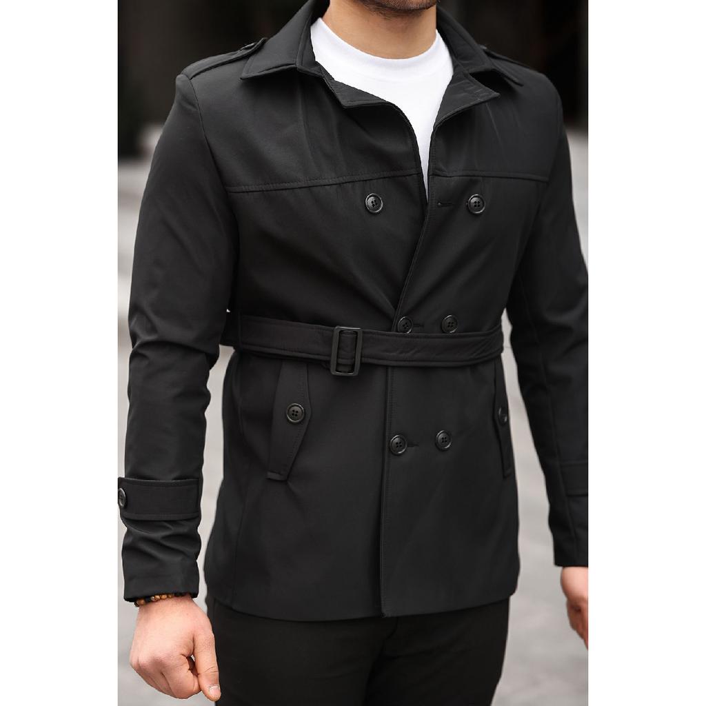 Men's Black Seasonal Lined Belted Double Breasted Trench Coat