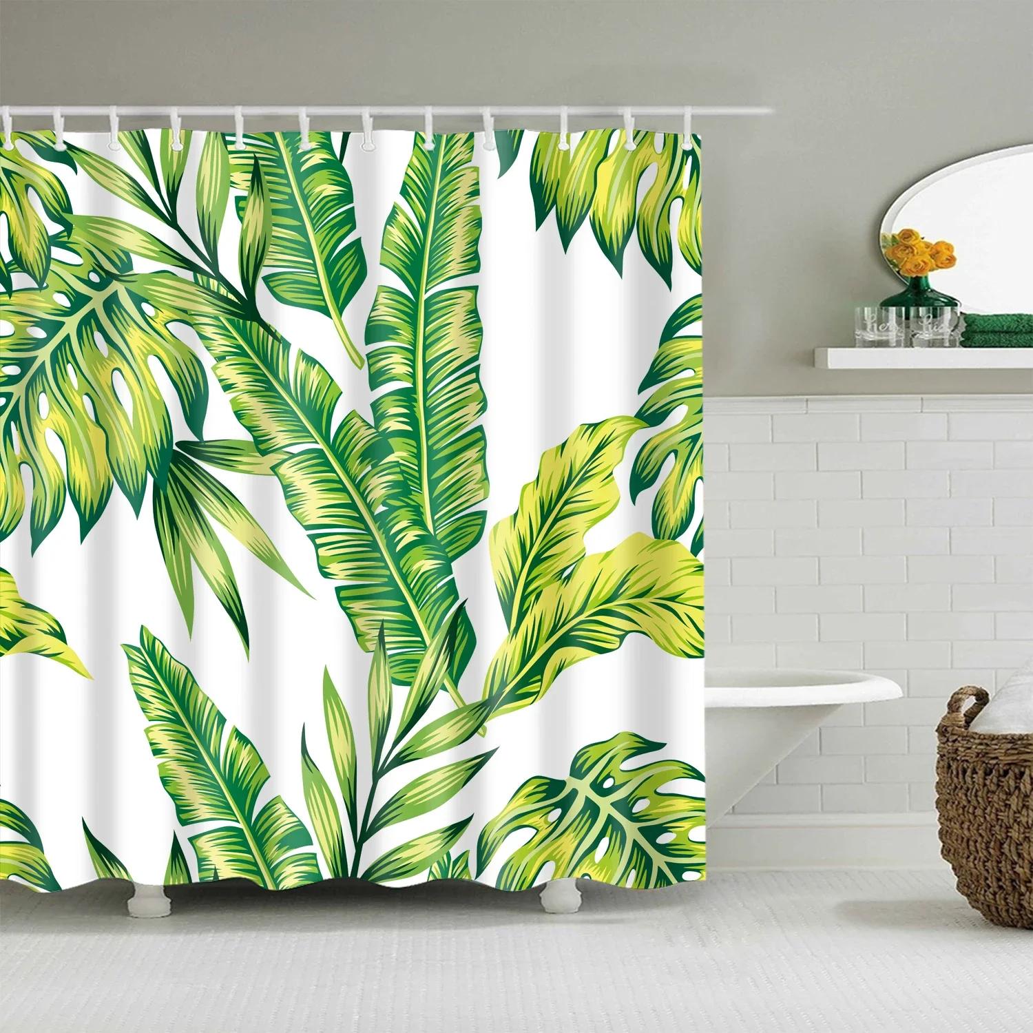 Baifenbai Home Furnishing Green Tropical Leaf Palm Cactus Shower Curtain Landscape Bathroom Curtain Waterproof Polyester Shower Curtain