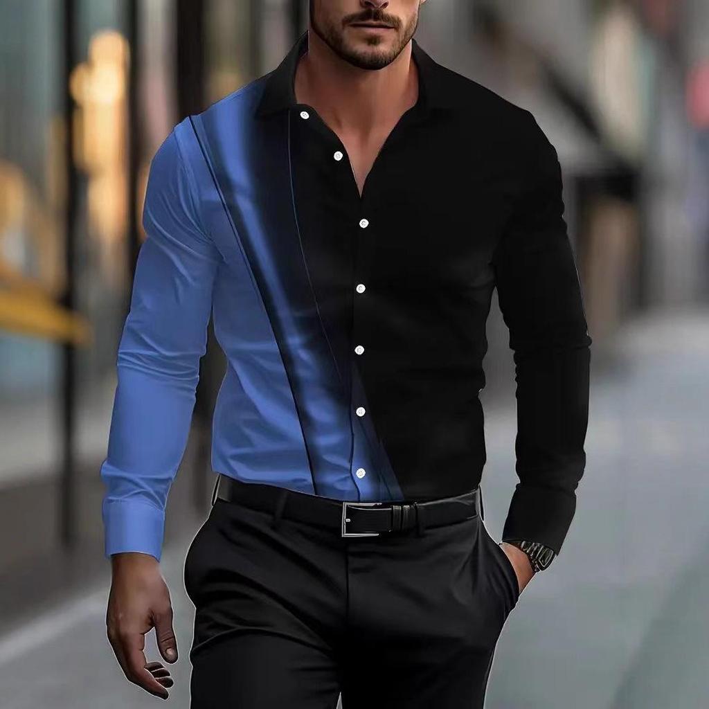 Men's Color Block Stretch Business Casual Long-Sleeved Shirt