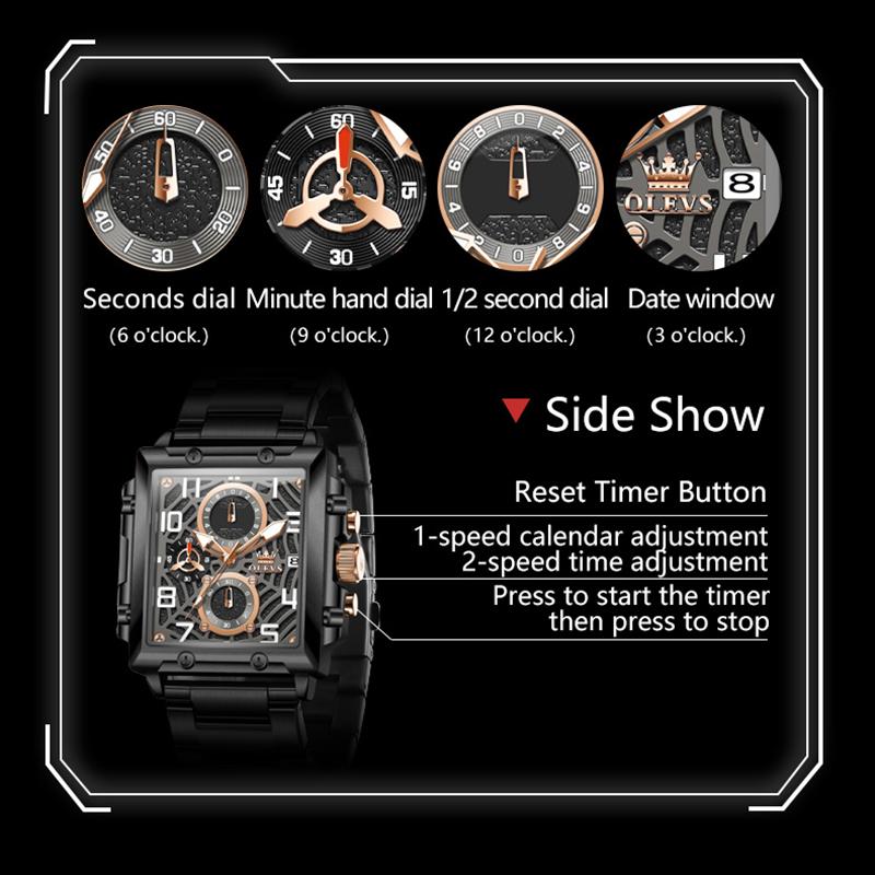 OLEVS Mens Watch Original Square Quartz Watch Waterproof Luminous Stainless Steel Sport Clock Reloj Watch For Men