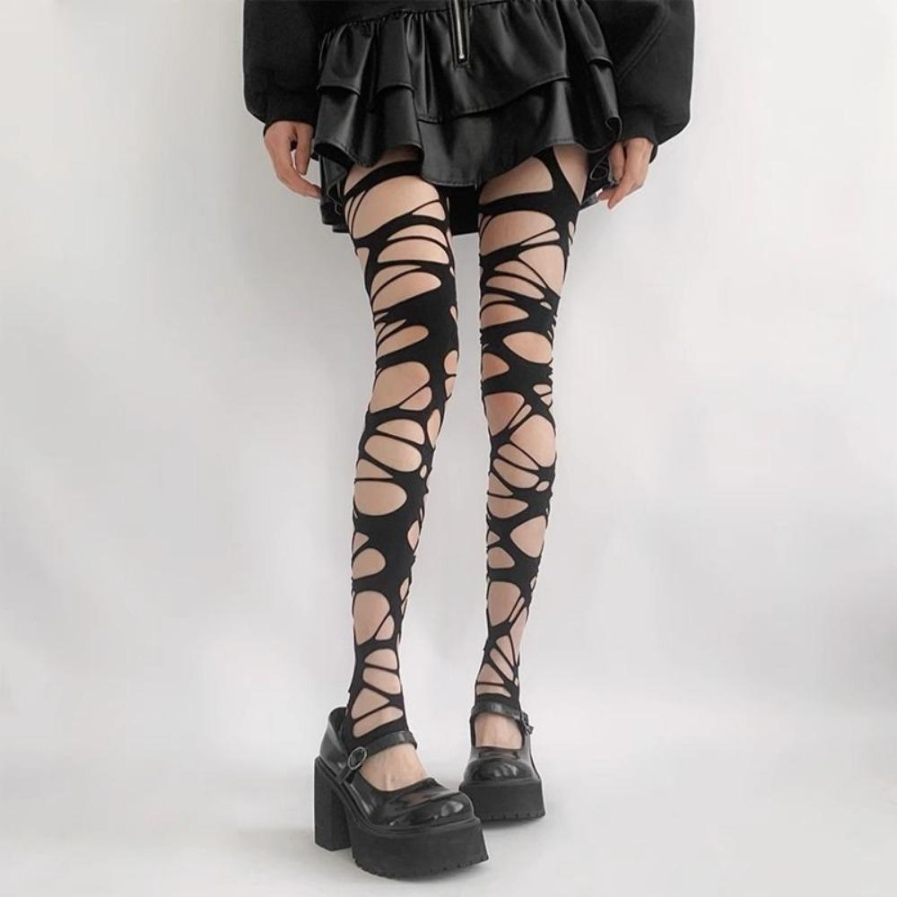 Fishnet Stockings Female Sexy Black Stockings Punk Wind Ripped Bandages Black Silk Knee Socks Irregular Stockings