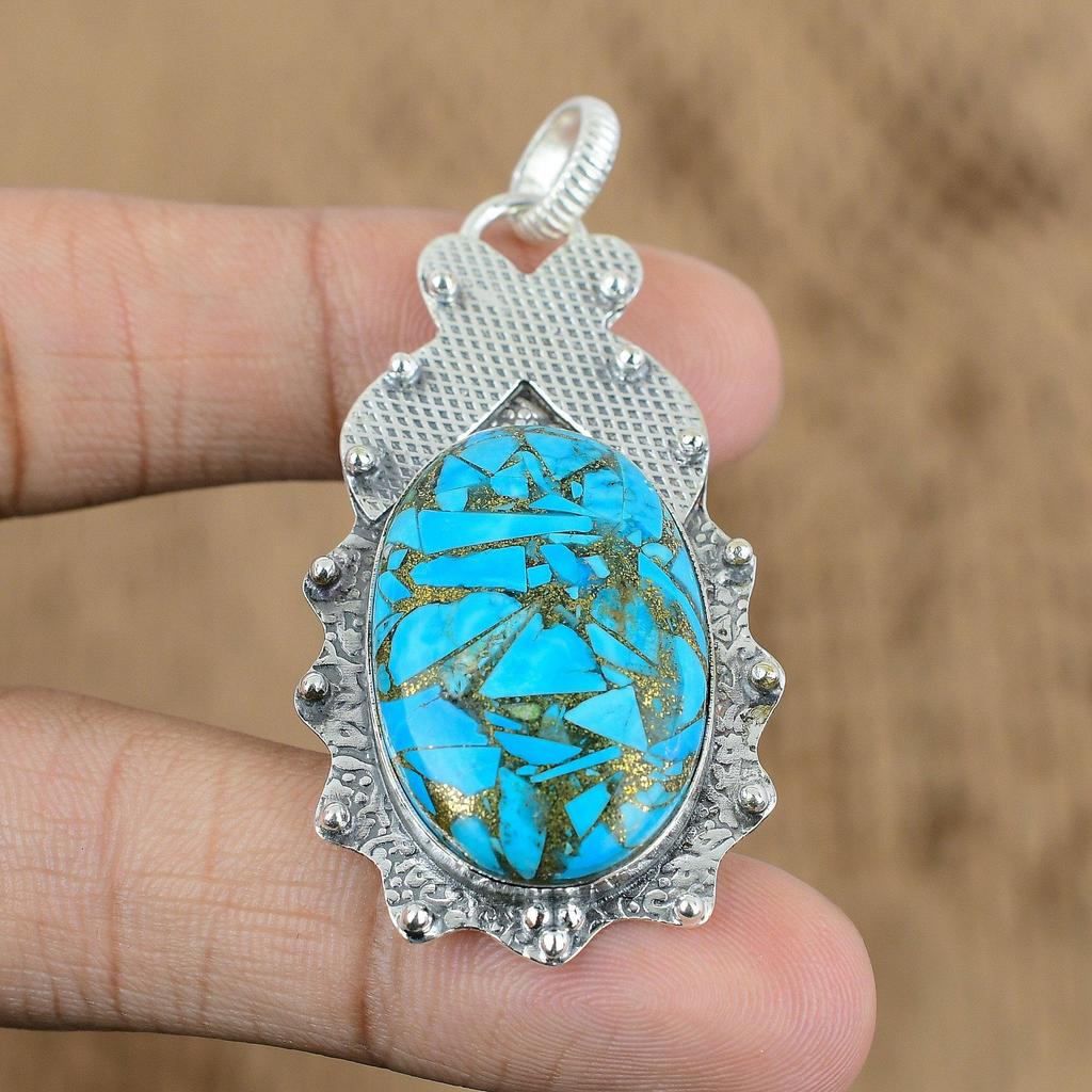 Natural Copper Arizona Turquoise Gemstone Pendant 925 Sterling Silver Jewelry