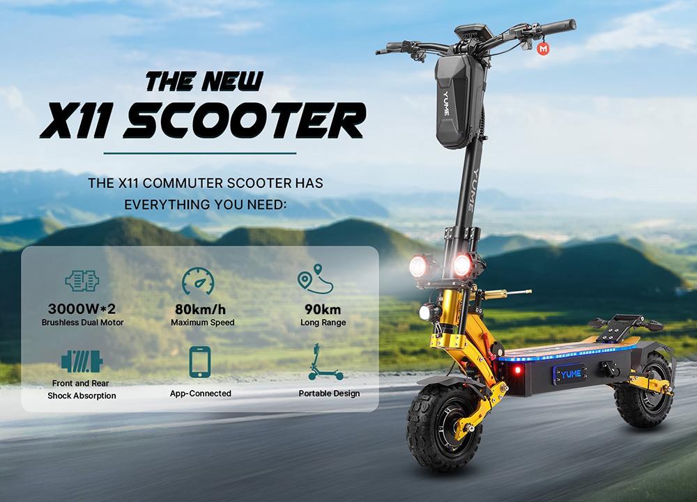 YUME X11+ Electric Scooter, 3000W*2 Motor, 60V 27Ah Battery, 11-inch Off-road Fat Tires, 80km/h Max Speed