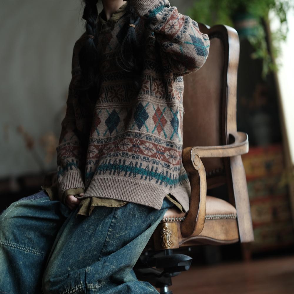 Johnature Dámské vintage pletené svetry s květinovým potiskem s kulatým výstřihem a dlouhým rukávem, podzimní měkké dámské svetry