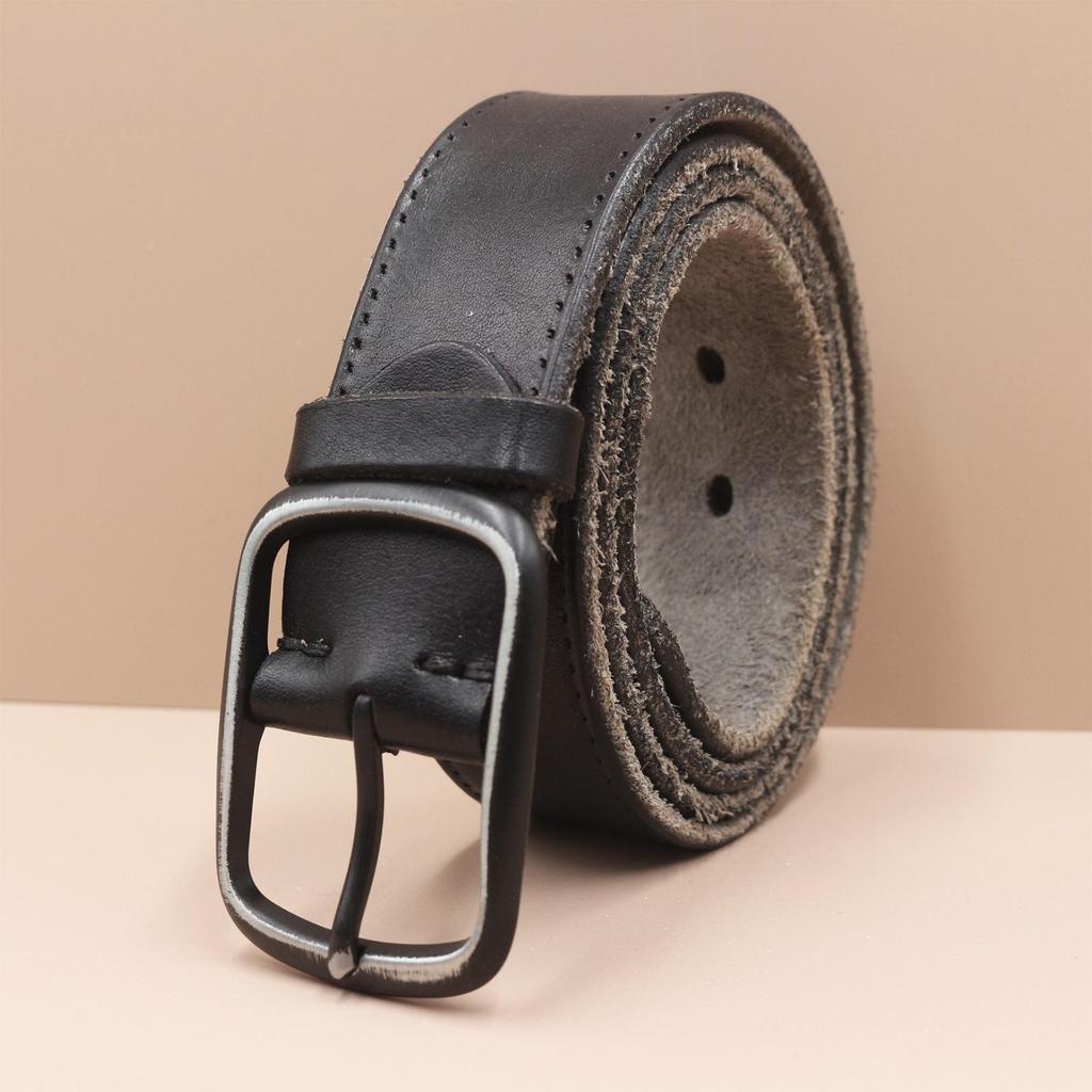 Retro Faux Stitch Men's Belt: Yellow Cattle Genuine Leather, Fashion Pin Buckle, Top Layer Cowhide.