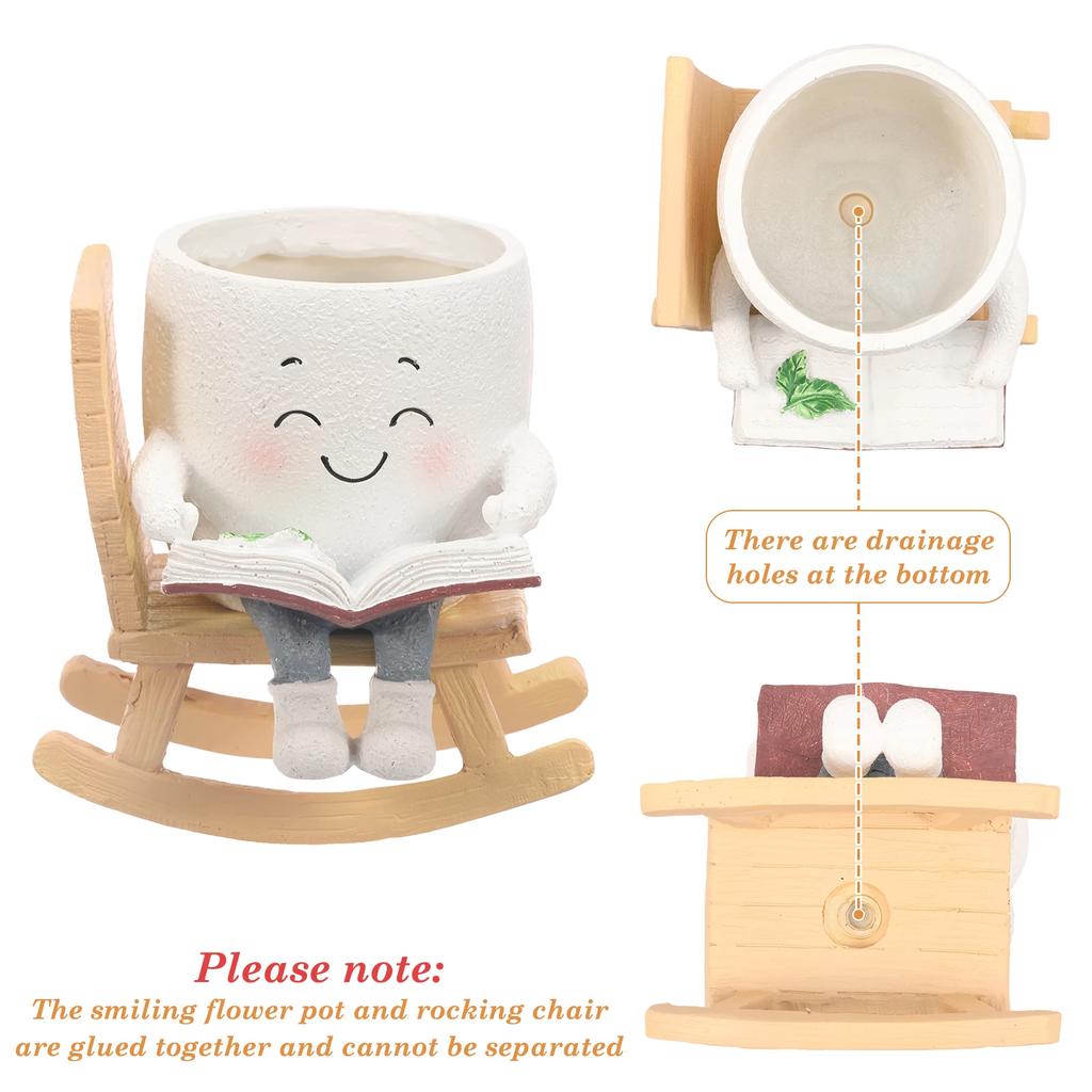Rocking Chair Smile Face Planter Swing Resin Succulent Pots with Drainage Hole Cute Garden Balcony Desktop Ornament Decoration