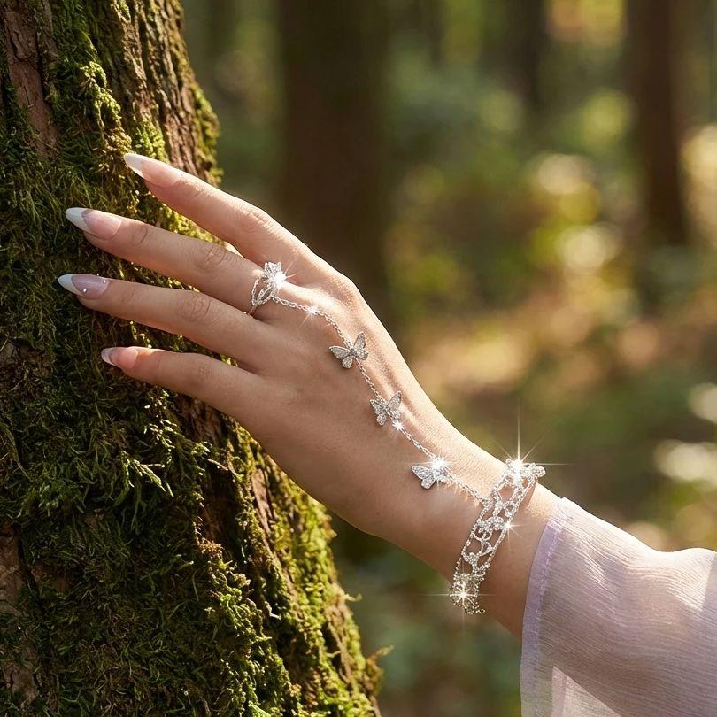 Women Silver Crystal Zircon Butterfly Hand Chain Finger Ring Bracelet Rhinestone Party Jewelry