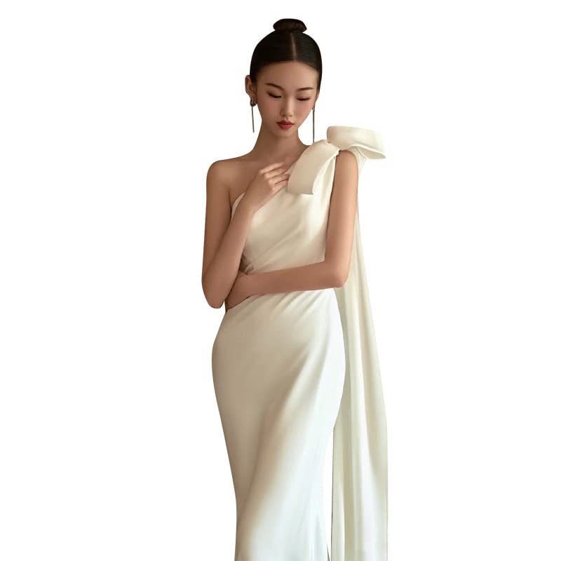 Bílé svatební foto párty mořská panna linie svatba svatební dlouhá nevěsta vlečka satén sexy odhalená záda [R-QINYUER] šaty, předsvatební focení, šaty,