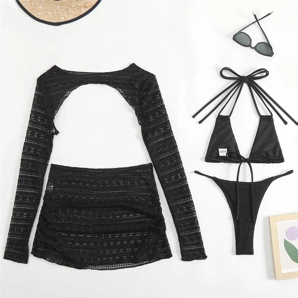 4PCS Halter With Skirt Long Sleeve Bikini Female Swimsuit Women Swimwear Four-Pieces Bikini Set Bather Bathing Suit Swim