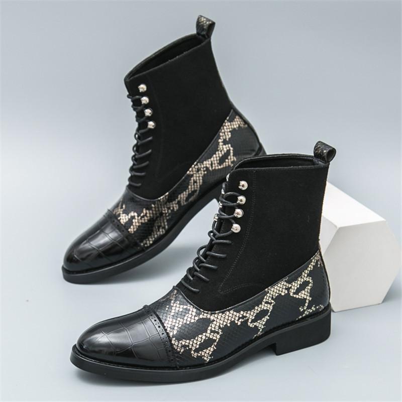 Winter New Fashion Snakeskin Pattern Mixed Motorcycle Ankle Boots Pointed High Tops For Men Flats All Match Shoes Zapatos Hombre