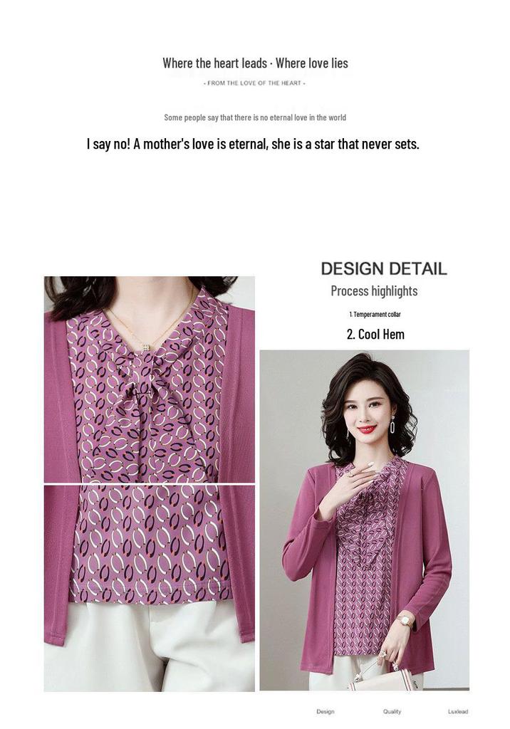 Mom's Elegant Fake Two-Piece Long-Sleeve Top for Middle-Aged Women