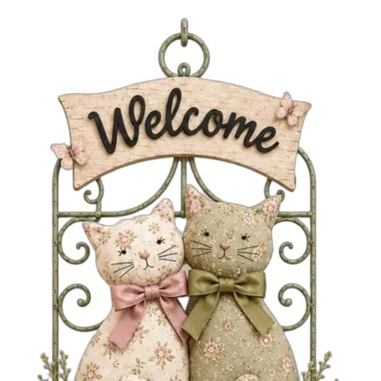 Vintage Style Hanging Ornament Floral Cat Couple Welcome Sign, Wooden Wall Ornament, Pastoral Indoor Outdoor Decoration Art Plaque for Living