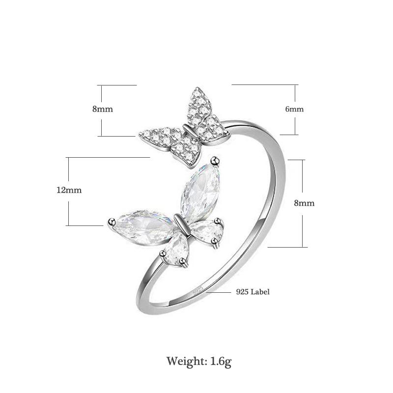 

New Fashion 925 Silver Fine Double Butterfly Zircon Adjustable Rings Women&Girl Jewelry Rhinestone wishbone Finger Ring resizable серебряный