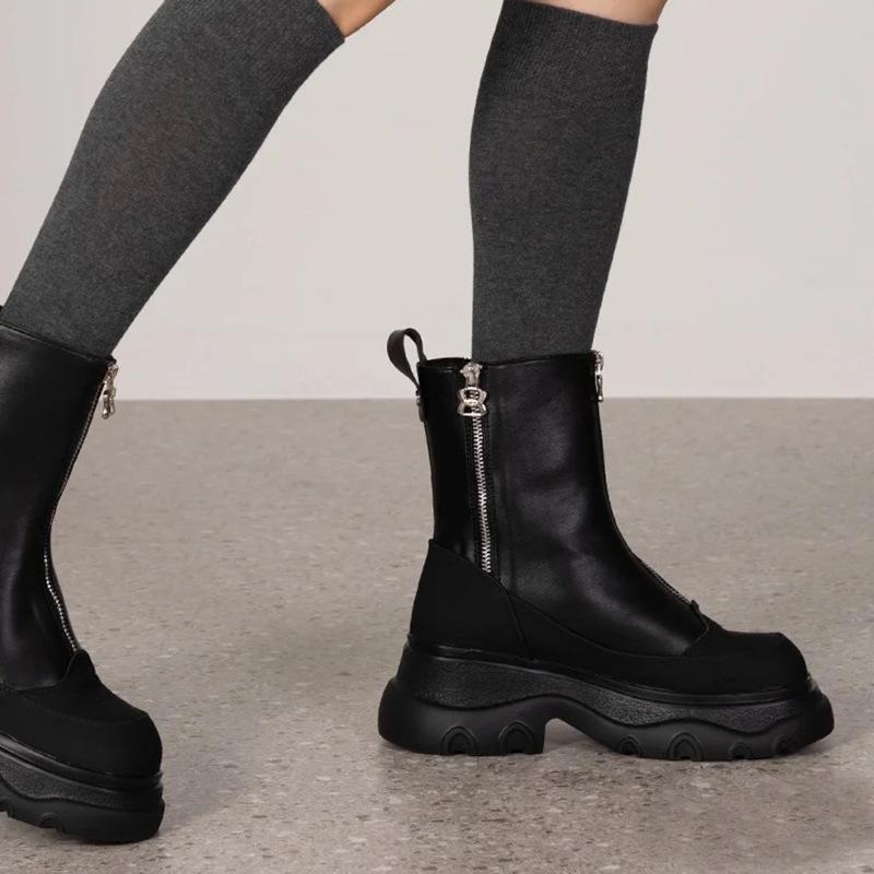 Fashion Size 34-40 Women Ankle Boots Real Leather Zipper Thick Mid Heels Shoes Fall 2025 Winter Platform Short Combat Booties