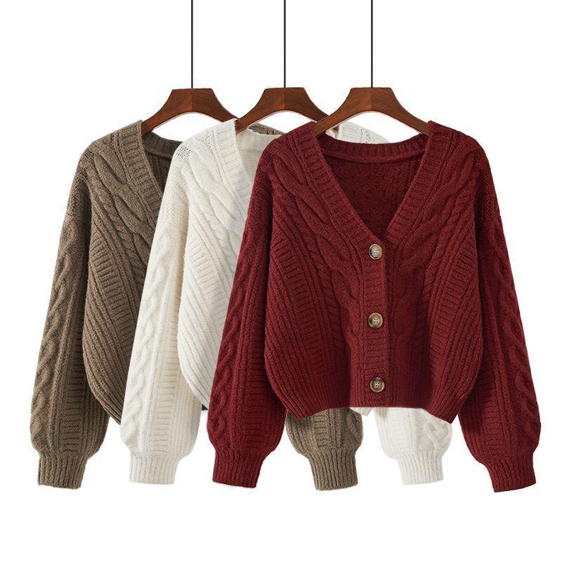 Womens Cable Knit Sweater Coat Autumn Winter Short Cardigan V Neck Top