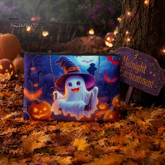 Wear-resistant Canvas Pouch Halloween Storage Bag, with Colorful Cartoon Ghost Print, Durable Travel Bag Makeup Zipper Large Capacity Lightweight