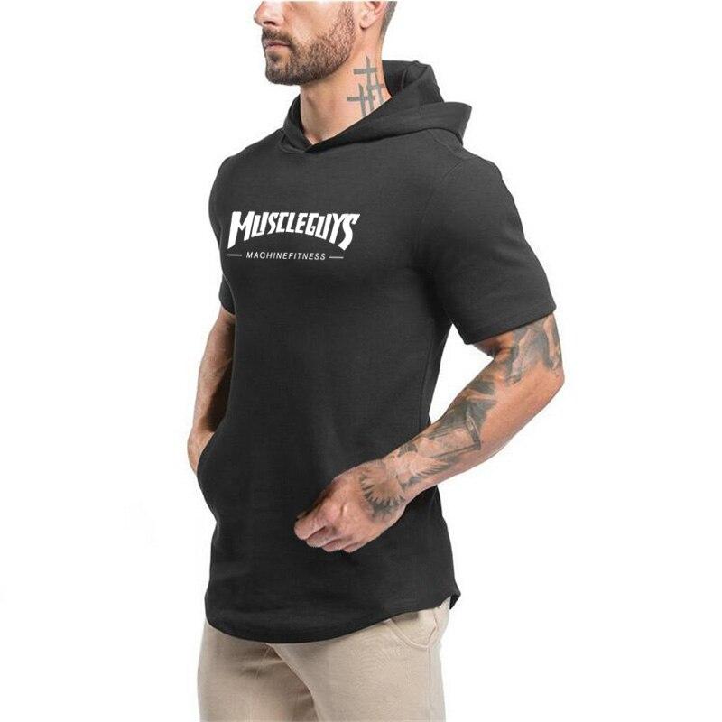 Muscleguys Summer  Men’s Fitness Bodybuilding Hooded T-shirt Youth Trend Sports T-shirt with Hoodie Fashion All-match Casual Short-sleeve
