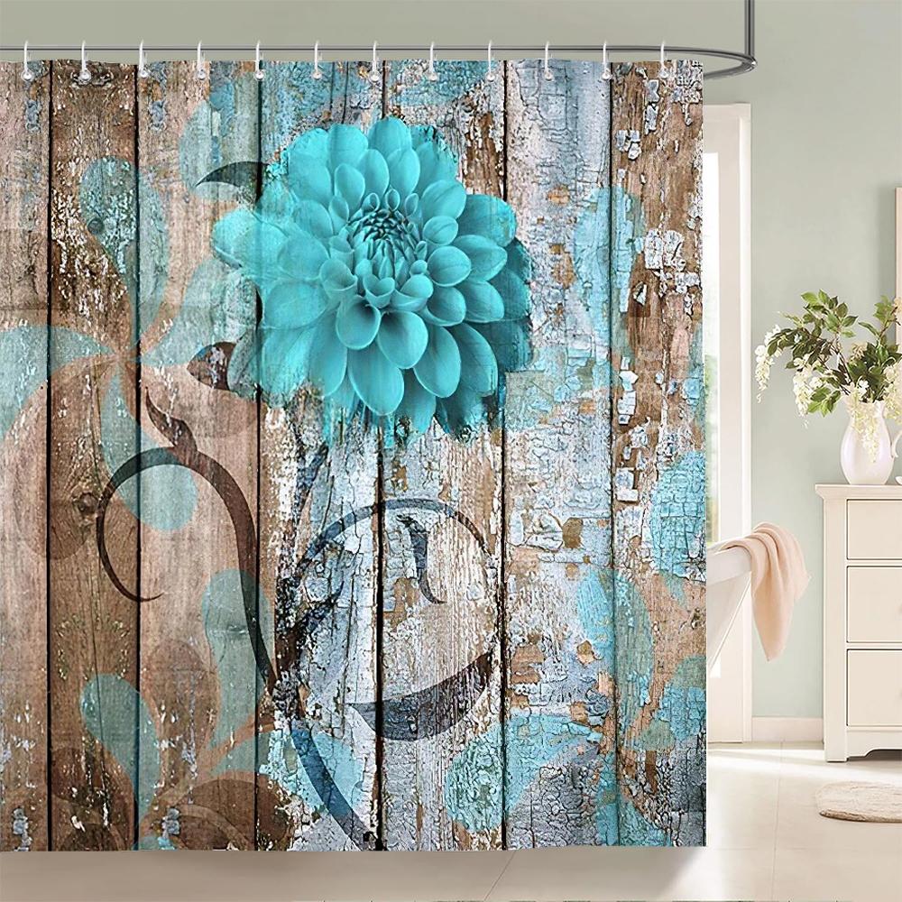 1 Pc Blue Rose Patterned Polyester Material Shower Curtain Waterproof Fabric, Flowers Print Bathroom Curtain Partition Curtain