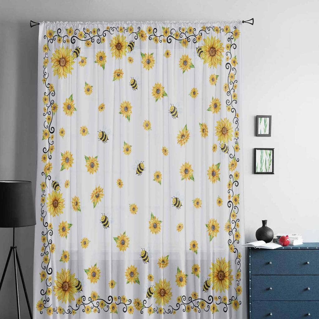 Sommer Aquarell Blume Sonnenblume Bienenfarm Fenster Tüll Vorhänge für Wohnzimmer Schlafzimmer Hotel Luxus Dekoration Sheer Vorhänge