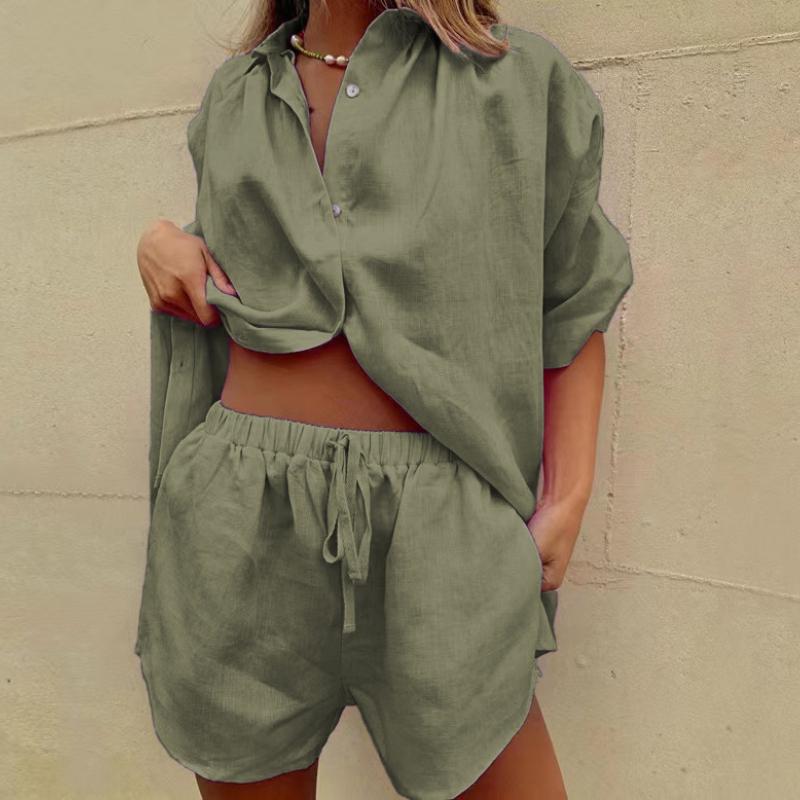 Summer Women's Solid Color Single-breasted Short-sleeved Shirt Two-piece Wide-leg Pants  Shorts