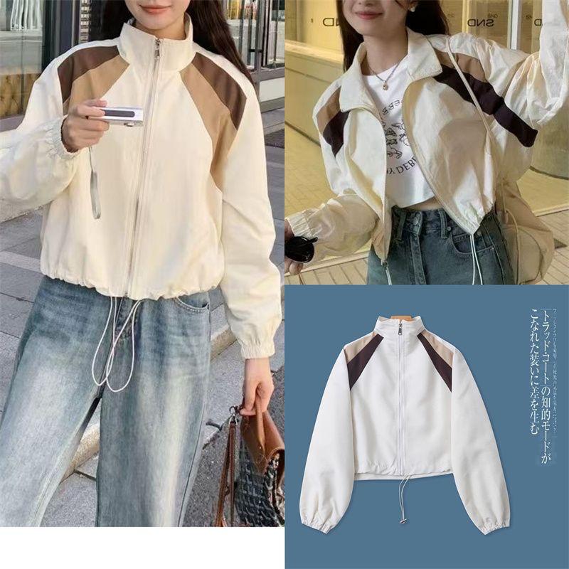Foreign Trade European and American Single Women Short Outerwear 2025 Spring New Stand Collar Color Matching Loose Fashion Casual Top
