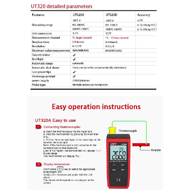 UNI-T UT320A UT320D Digital Thermometer Mini Dual Contact Thermocouple Type K J High Temperature Meter Tester -50℃ to 1200℃