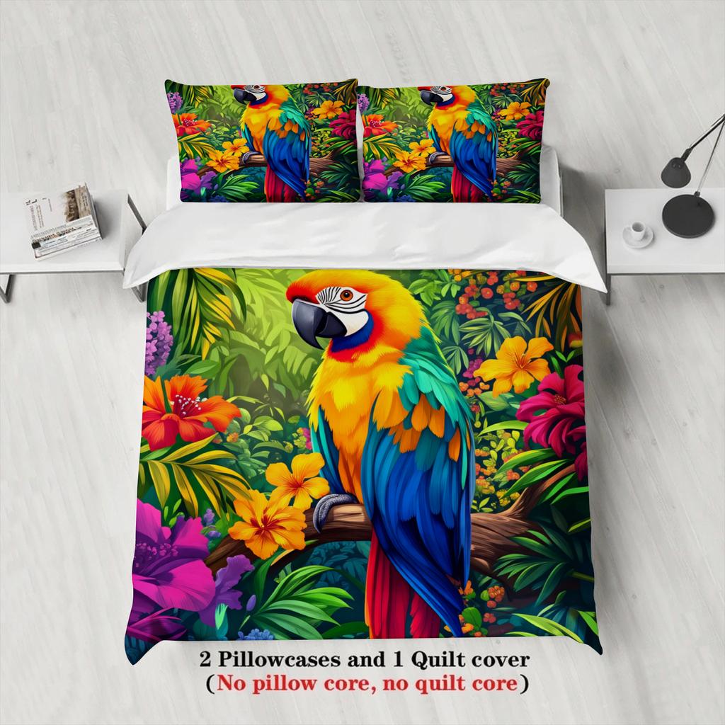 3Pcs Multicolor Duvet Cover With 2 Pillowcases 3D Printed Parrot Floral Gifts For Teen Adult Home Decor Single Size Bedding Sets