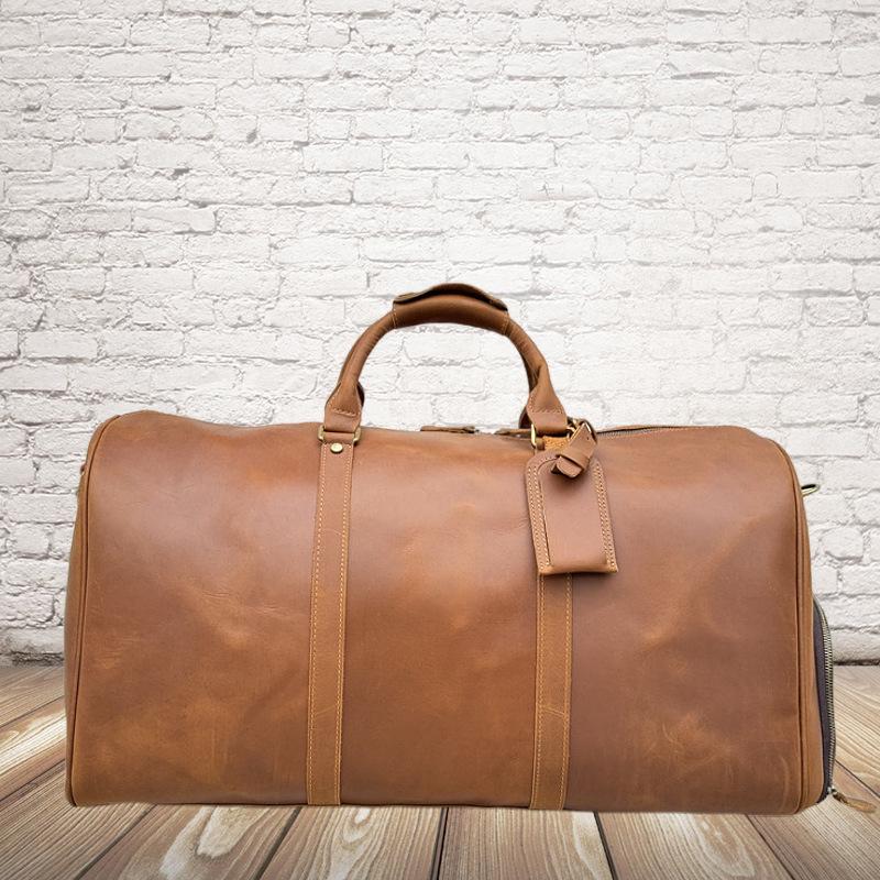 Men's Leather Travel Bag with Shoe Compartment - Vintage Crossbody Carry-On