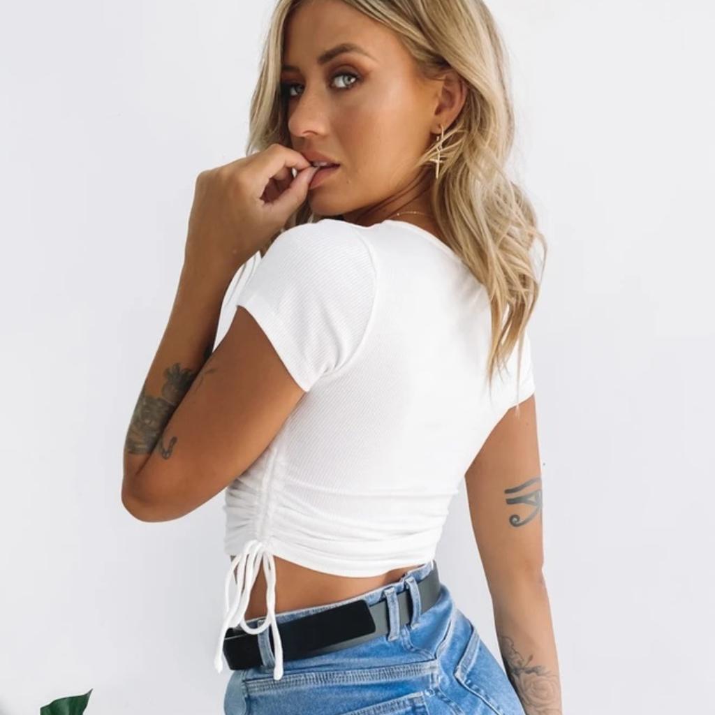 Summer Women's Short Sleeve T-Shirt Drawstring Crop Navel Crew Neck Casual Top