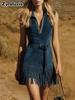 Hot Selling Faux Suede V-Neck Stand Collar Zippered Fashion Skirt Dress with Tassels